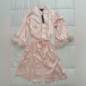 NWT House of Harlow pink satin bridal robe real feather trim Mrs. Custom